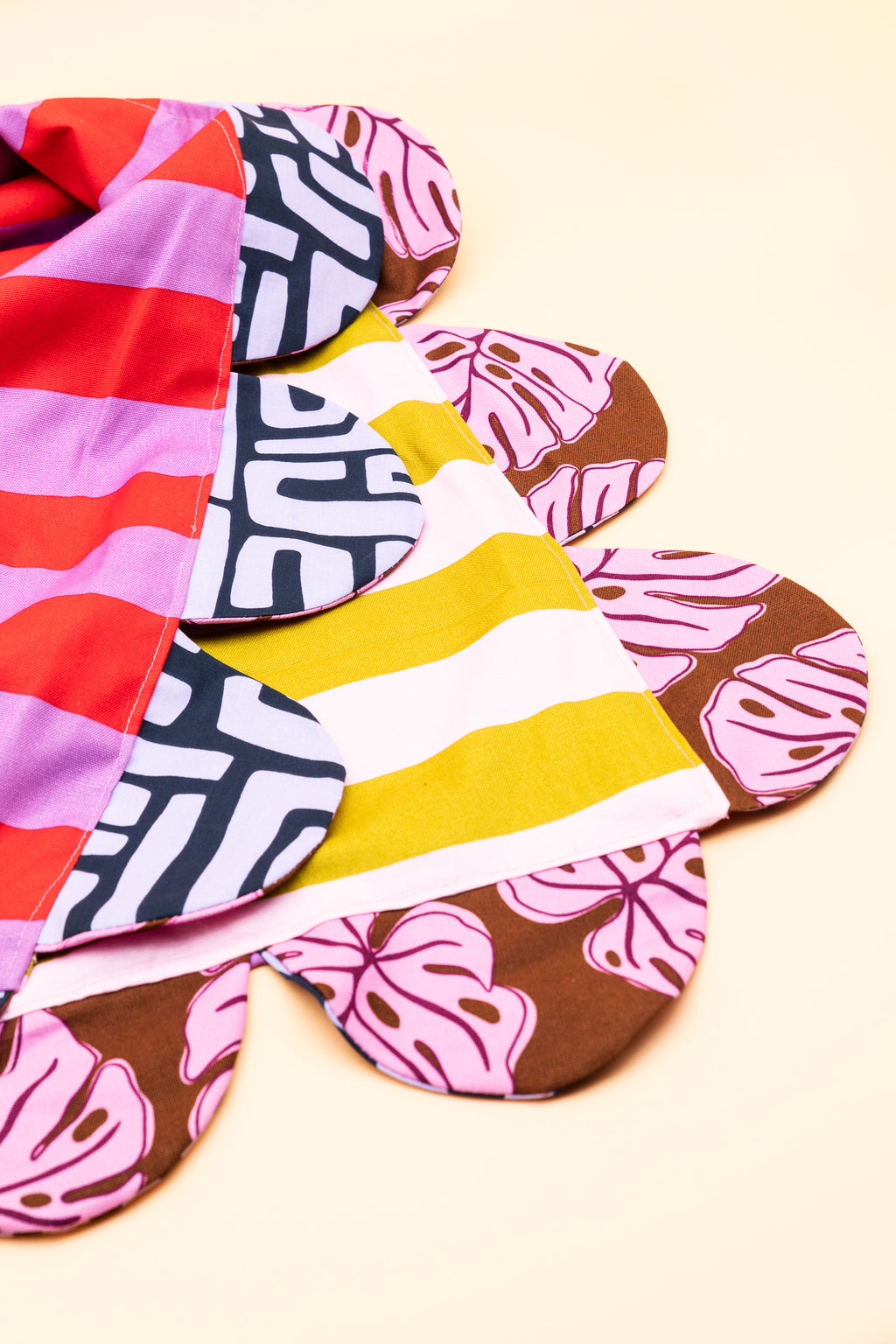 Handmade reversible scallop tablecloth, pink and mustard stripe with monstera leaf print scallops, peachpicklepear