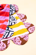 Handmade reversible scallop tablecloth, pink and mustard stripe with monstera leaf print scallops, peachpicklepear