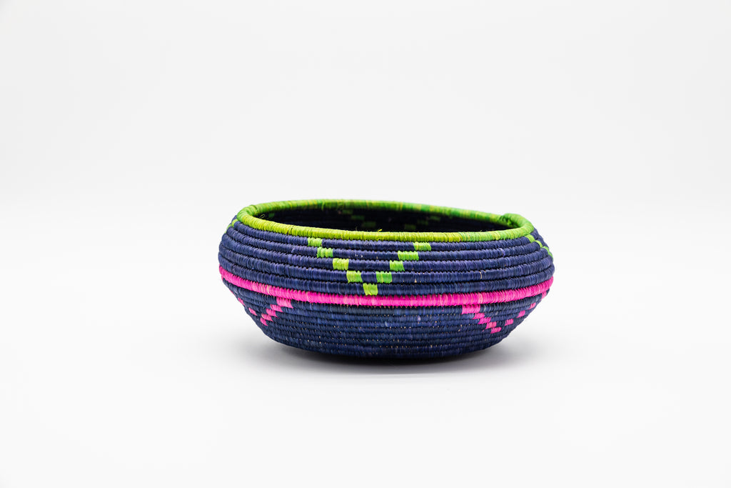 Woven Basket Bowl in Navy, Lime and Fuchsia
