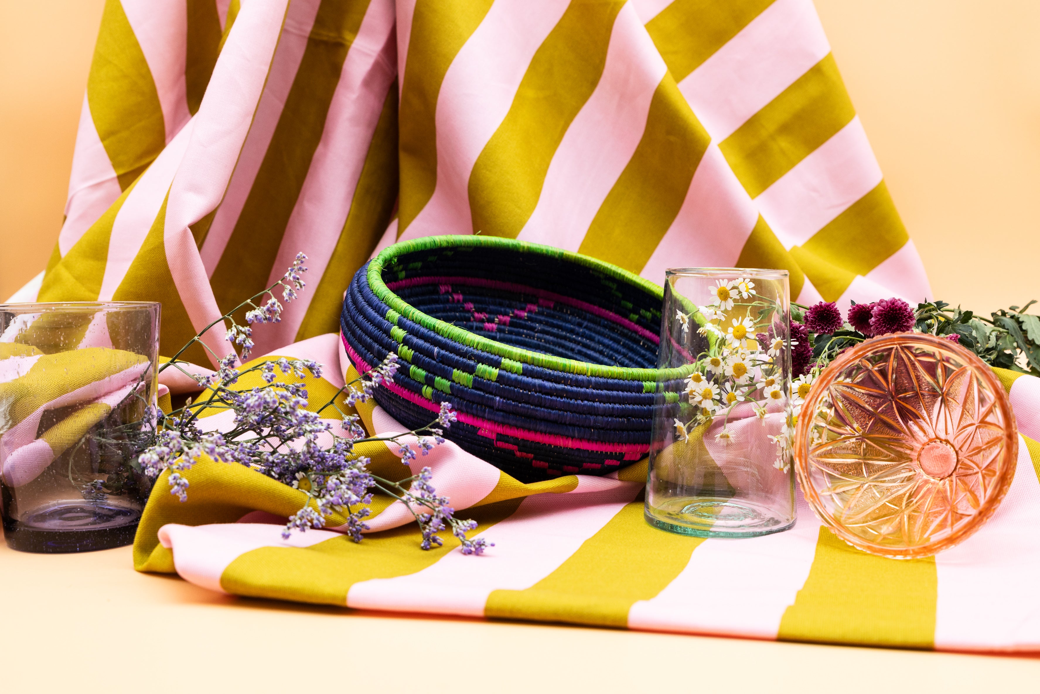 Woven Basket Bowl in Navy, Lime and Fuchsia