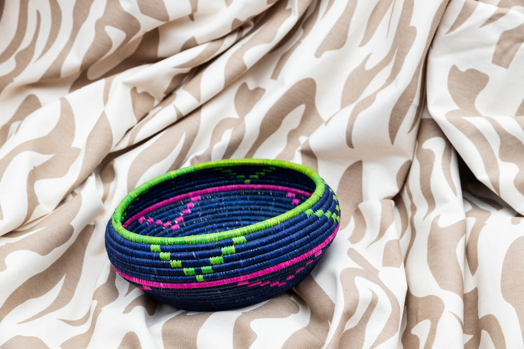 Woven Basket Bowl in Navy, Lime and Fuchsia